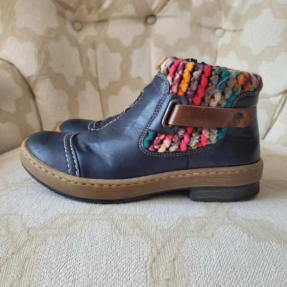 RIEKER FELICITAS MID BOOTS BOHO KNIT CUFF ZIPPER LINED NAVY EU 37 6 6.5 - Picture 4 of 15